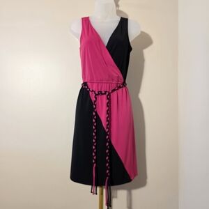 Vintage Retro 60's Bohemian Maggy L Sleeveless Pink/Black Waist tie dress sz 4